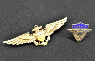 Wwii Usn Navy Aviator Squadron Gold Pilot Wings & Cadet Us Navy V - 5 Brooch Pin