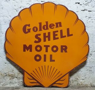 Large Golden Shell Motor Oil Porcelain Enamel Double Sided Sign.