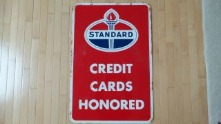 Vintage Standard Oil Credit Cards Honored 2 Sided Porcelain Sign - Good
