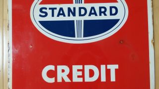 Vintage Standard Oil Credit Cards Honored 2 Sided Porcelain Sign - Good 3