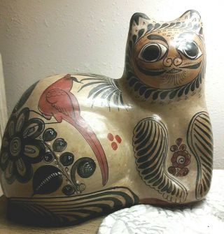 Mexico Folk Art Hand Painted Pottery Cat Mustache Flower Bird Design 8 " X7 "