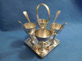 Vintage Set Of 4 Egg Cups And Spoons On Stand Silverplate Silver Plate England