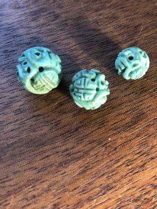 3 Vintage Old Stock Carved Chinese Turquoise Shou Beads