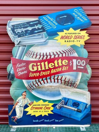 Vintage 1950s Gillette Razor Blue Blade Advertising Sign Store Display Baseball