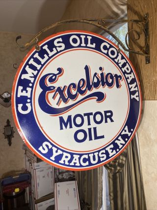 Large Vintage  Excelsior  Gas,  Oil Double Sided 30’ Porcelain Sign W/ Bracket