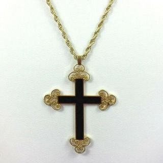 Vintage Van Dell 12k Gold Filled Cross Necklace Gf Black Enamel Christian Signed