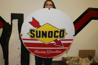 Large Sunoco Racing Gasoline Gas Station 30 " Porcelain Metal Sign