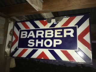 Old Vintage Porcelain Barber Shop Double Sided Flange Sign Rod Shop