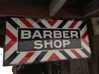 Old Vintage Porcelain Barber Shop Double Sided Flange Sign rod shop 2