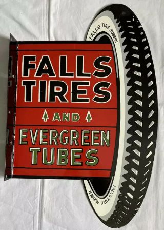 Vintage Falls Tires Evergreen Double Sided Flanged 30”porcelain Sign Car Gas Oil
