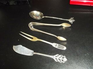 Demitasse Spoon Plated,  8oo German Silver Pickle Fork & Sugar Tongs Moon & Crown