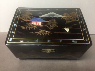Vintage Japanese Black Lacquered Inlay Mother Of Pearl Music & Jewelry Box