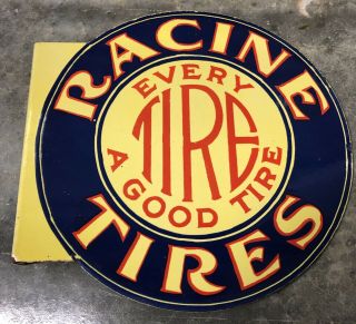Vintage Racine Tires Flange Double Sided 14.  5 " Porcelain Gas Oil Sign