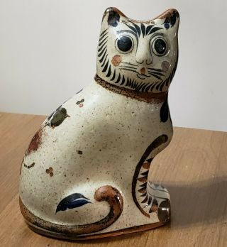 Tonala Mexican Pottery Cat 8 3/4 " Vintage Mexican Folk Art Hand Painted & Signed
