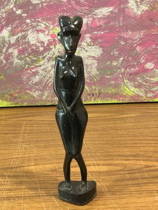Vintage Carved Wooden African Statue Woman Shy Art Tribal Ethnic Ritual Fertile
