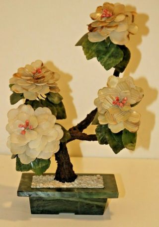 Vintage Chinese Carved Jade Green & Stone Mini Flower Pot Figurine Tree