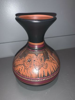 Navajo Native American Clay Detailed Carved Pottery Vase Signed