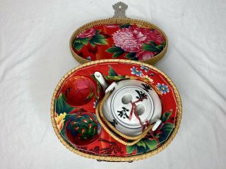Vintage Chinese Porcelain Wedding Tea Set in a Wicker Basket MISSING CUPS 2