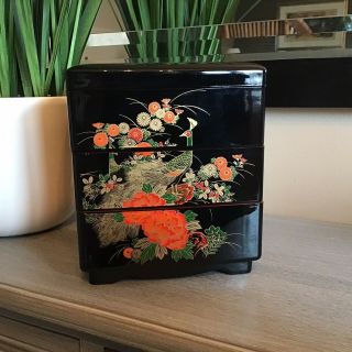 Japanese Black Lacquer Peacock 3 Tiers Stacking Lunch Plastic Bento Box Japan