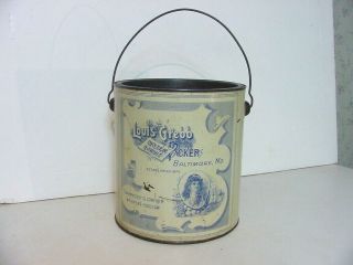 Louis Grebb Brand Gallon Oyster Tin Can Bail Handle Baltimore Md Early Tin
