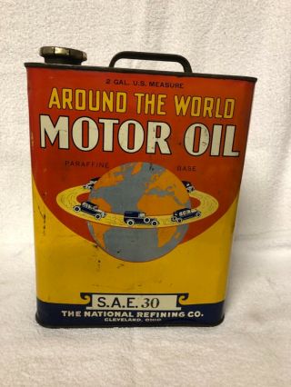 Vintage Around The World Motor Oil 2 Gallon Metal Oil Can National Refining Co.