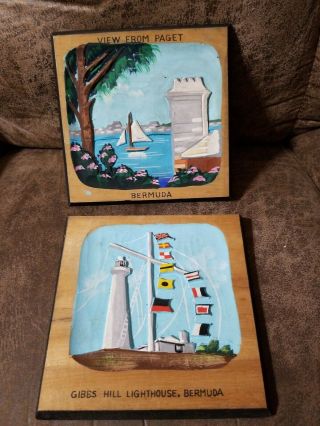 Vintage Bermuda Pictures Hand Carved & Painted Wood Paget,  Gibbs Hill Lighthouse