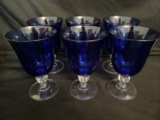 Vintage Cobalt Blue Glass Water Goblets With Clear Glass Knob Stem Set Of 6.