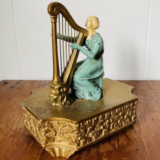 Vintage Art Deco Ornate Figural Music Box Painted Spelter Harp Player Jb Hirsch