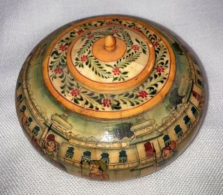 Vintage Persian Wood Box Jewelry Trinket Hand Painted Round W/ Lid