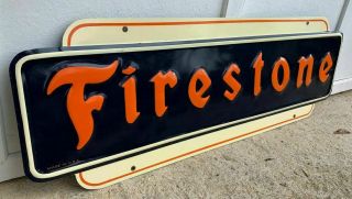 " Firestone " Large Embossed Metal Sign,  (dated 1947) 48 " X 16 ",  Sign