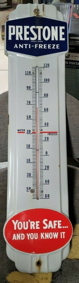 Vintage Prestone Anti - Freeze Thermometer Porcelain Gas Oil Sign Advertising