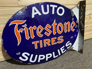 Firestone Tires - Auto Supplies Porcelain Flange Sign Vintage Gas Oil