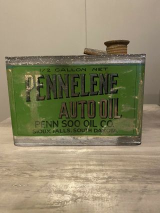 Pennelene Half Gallon Auto Oil Can Vintage Penn Soo Sioux Falls South Dakota