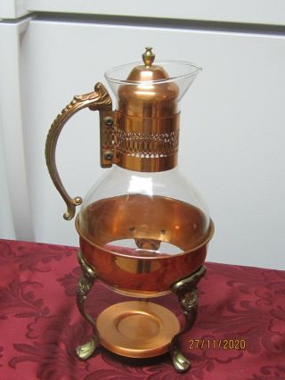 Vintage Glass & Copper Coffee/tea Carafe Pot With Warmer Stand