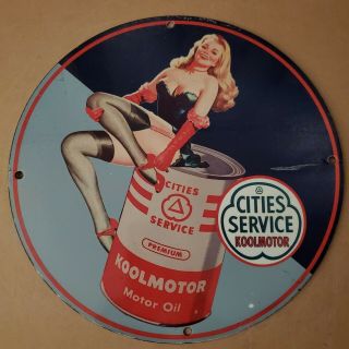 Vintage Porcelain Cities Service Cool Motor Oil Gasoline Man Cave Pin Up Sign