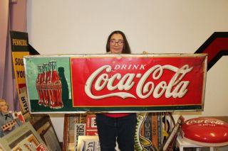 Large Vintage 1937 Coca Cola Christmas Bottle Soda Pop 54 " Embossed Metal Sign
