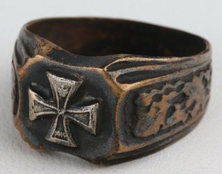 Ww2 German Ring Sterling Silver Iron Cross Wwii Oak Leaves Germany Trench Art