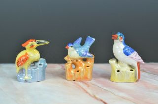 Set Of 3 Vintage Ceramic Luster Birds Flower Frog Made In Japan