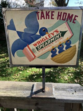 1940s Wrigley’s Spearmint Chewing Gum Sign Otis Shepard 2 Sided In Metal Stand