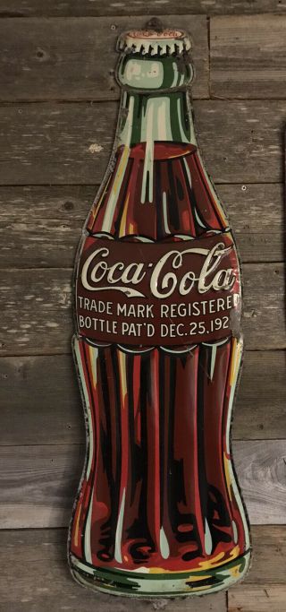 1930s Vintage Coca - Cola 1923 Style Bottle Tin Embossed Advertising Sign