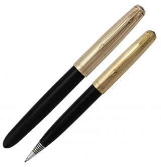 Vintage Parker 51 Black Fountain Pen & Pencil Set 1/10 12k Gold - Filled Caps