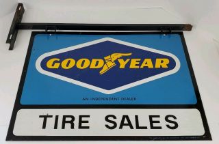 Vintage Goodyear Tire Sales Dealer Double Sided Metal Sign W/ Bracket Man Cave