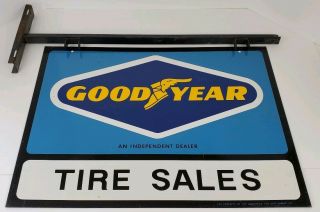 Vtg Goodyear Tire Sales Independent Dealer Double Sided Metal Sign W/ Bracket Vg