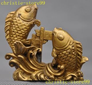 3 " Collect Chinese Pure Brass Feng Shui Lucky Jump Gantry Fish Goldfish Statue