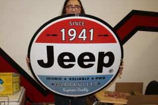 Large Jeep 4wd Truck Car Dealership Gas Oil 30 " Porcelain Metal Sign