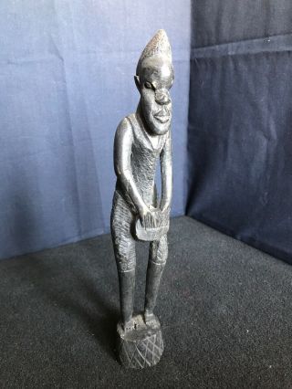 Vintage African Wood Statue Man Playing Drum Hand Carved Art Tribal B10