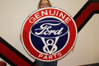 Large Ford V8 Parts Car Dealership Gas Oil 30 " Porcelain Metal Sign