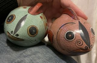 Two Vintage Mexican Tonala Ceramic Pottery Folk Art Hand Painted Fish Figurines