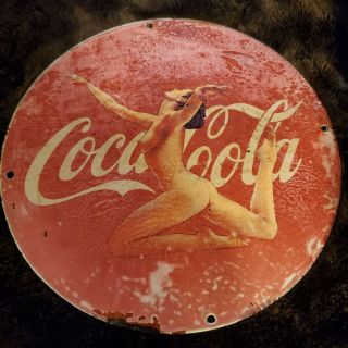 Vintage Porcelain Coca Cola Classic Nude Pin Up Model Man Cave Bar Gas Oil Sign