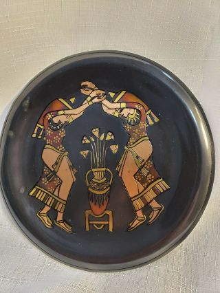 Vintage Egyptian Copper Bronze Wall Plaque Plate 2 Women Ceremonial Dancing